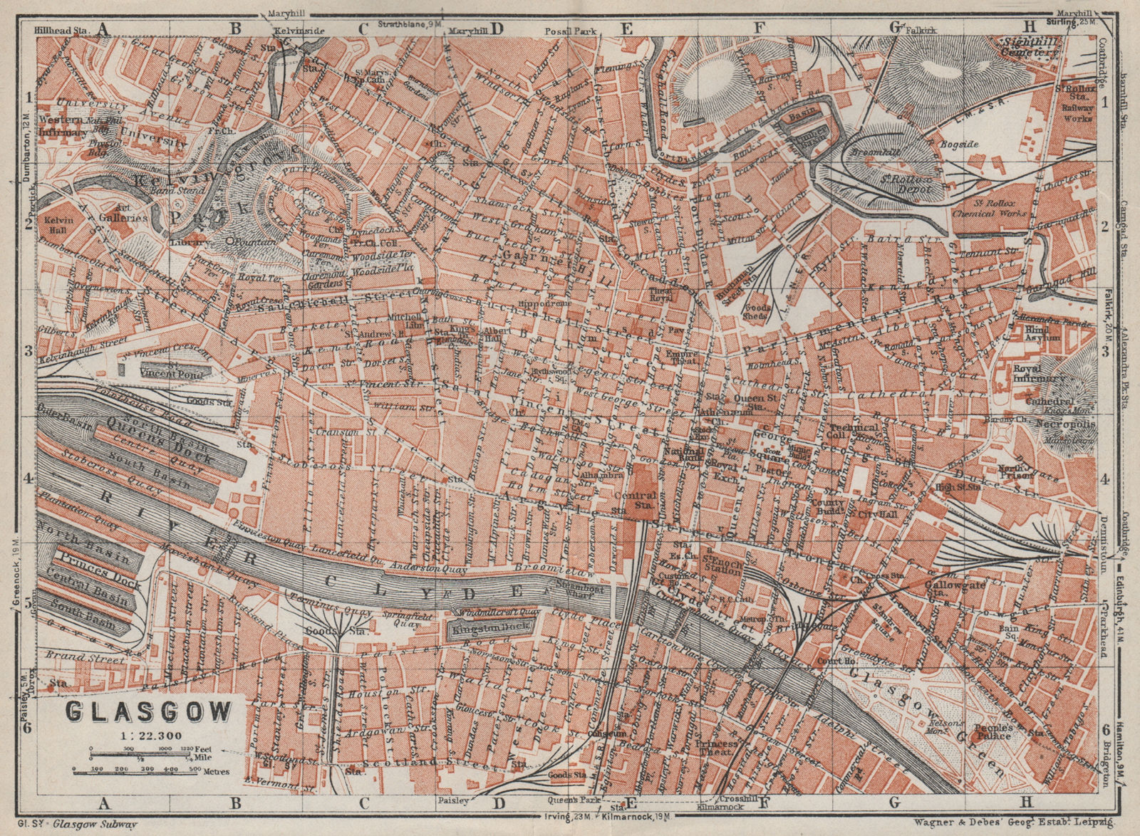 GLASGOW antique town city centre plan. Scotland. BAEDEKER 1927 old map