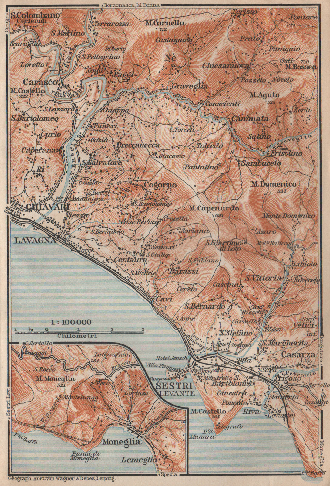 Associate Product LAVAGNA, CHIAVARI & SESTRI-LEVANTE environs. Moneglia Liguria. BAEDEKER 1906 map