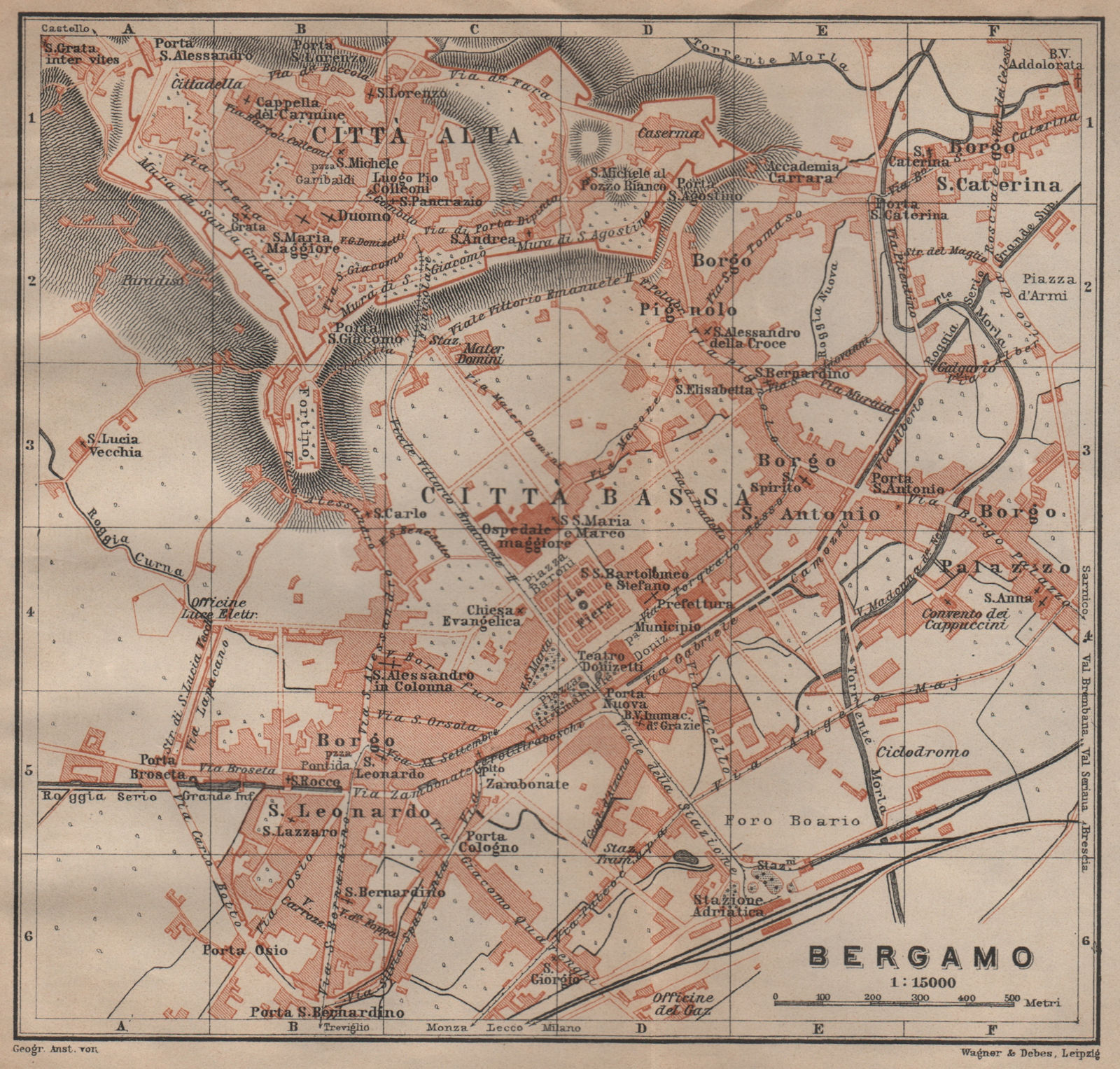 BERGAMO antique town city plan. Italy. Citta Bassa. Citta Alta mappa 1906