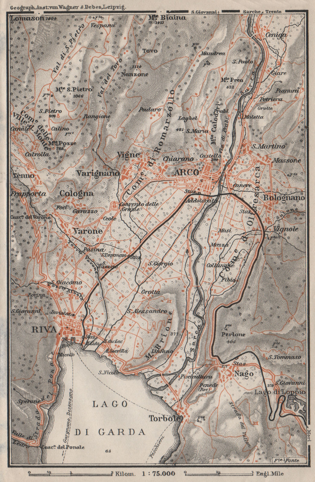 ARCO & RIVA DEL GARDA environs. Trento, Italy Italia. Bolognano mappa 1906