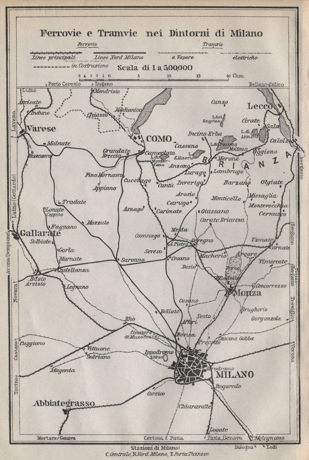 FERROVIE E TRAMWAYS NEI DINTORNI DI MILANO. Railways Como Lecco Monza 1913 map