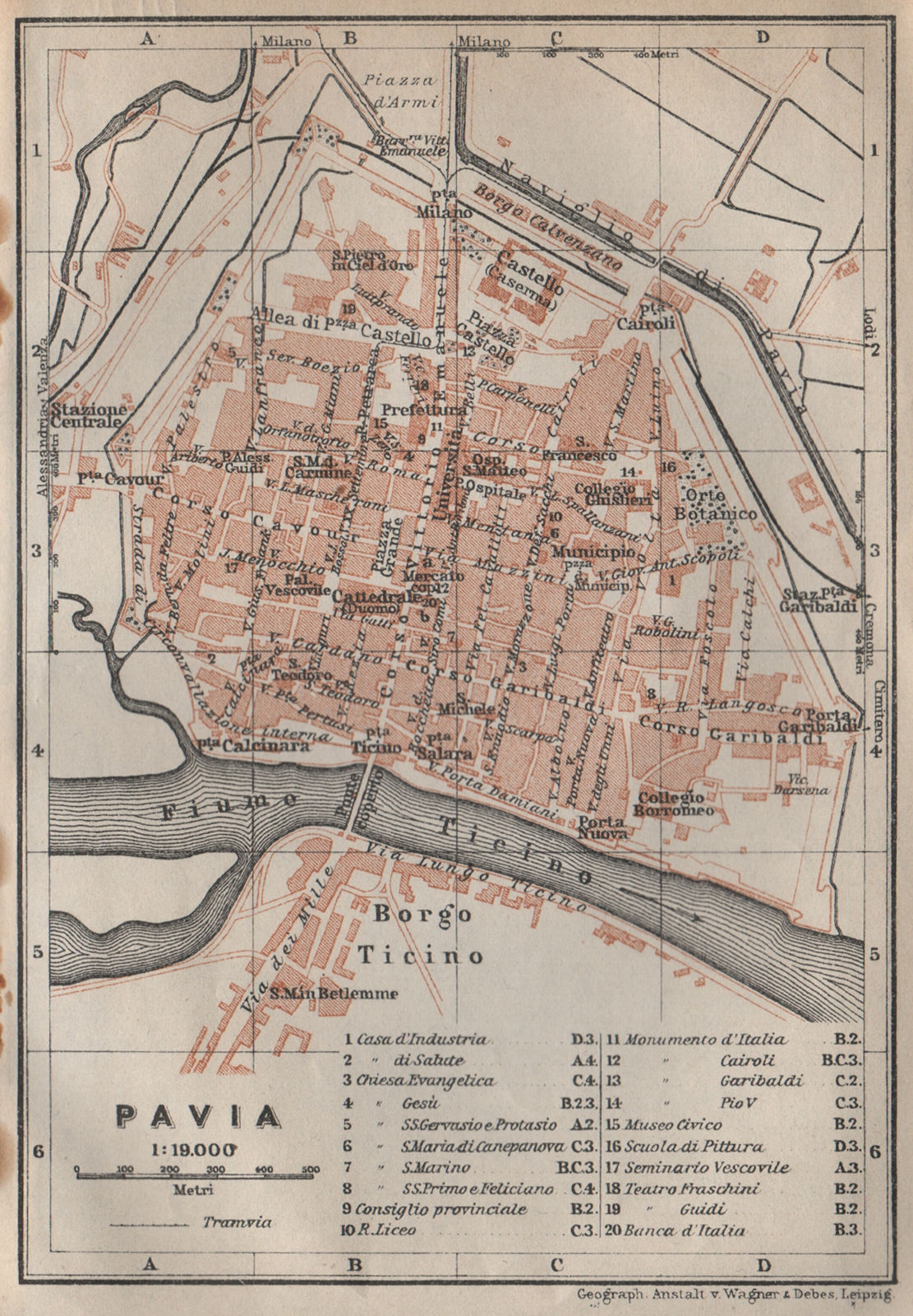PAVIA antique town city plan piano urbanistico. Italy mappa. BAEDEKER 1913