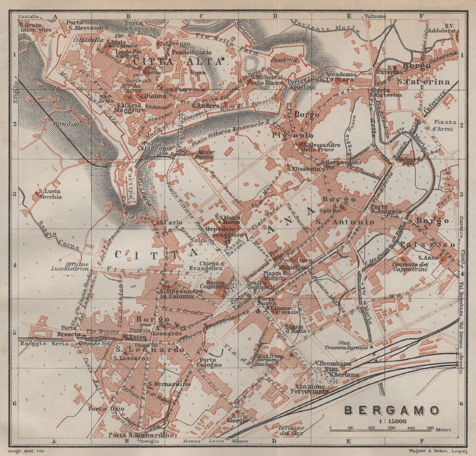 BERGAMO antique town city plan. Italy. Citta Bassa. Citta Alta mappa 1913