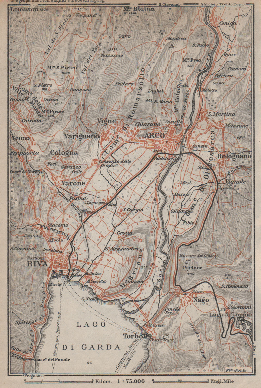 Associate Product ARCO & RIVA DEL GARDA environs. Trento, Italy Italia. Bolognano mappa 1913