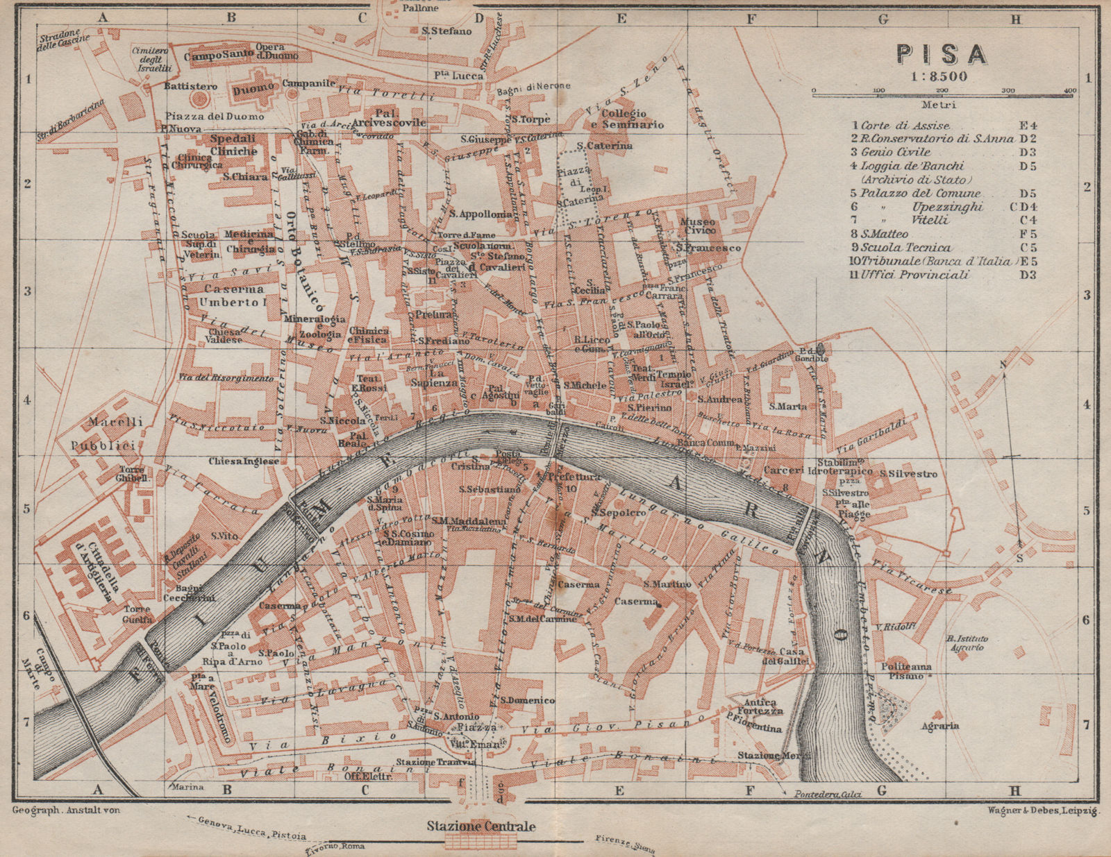 Associate Product PISA antique town city plan piano urbanistico. Italy mappa. BAEDEKER 1913