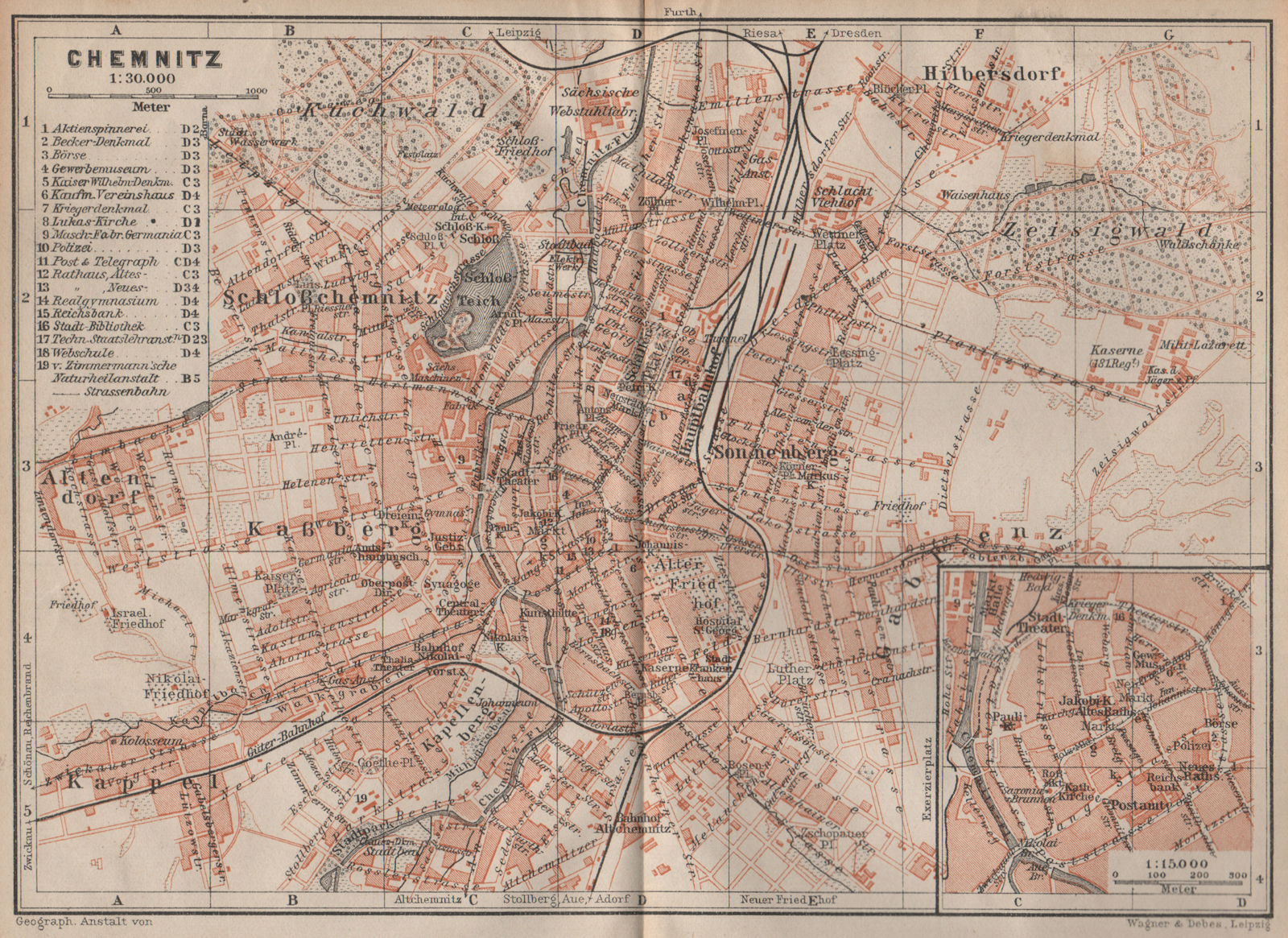 BAEDEKER 1904 old map FREIBERG antique town city stadtplan Saxony karte 