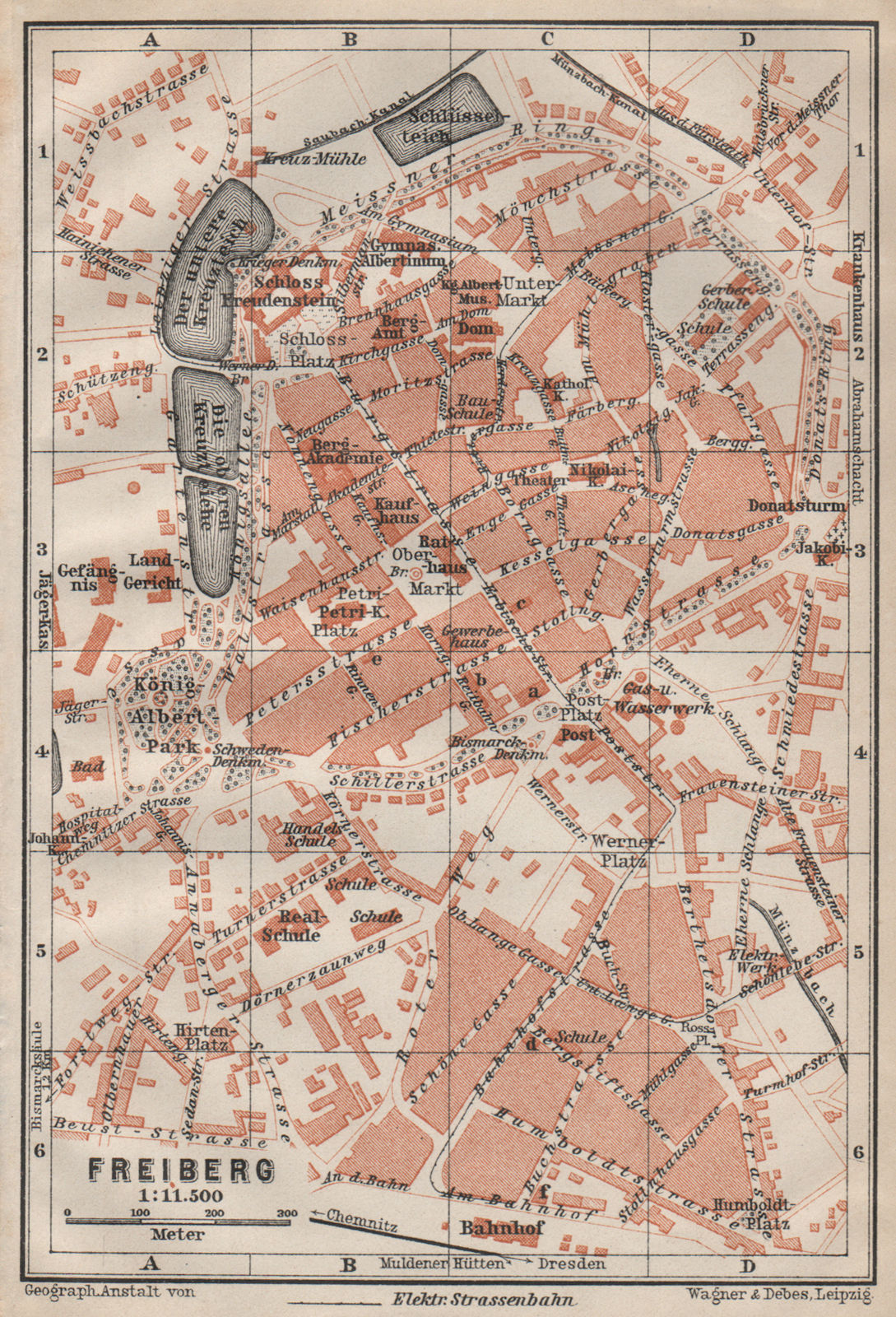 FREIBERG antique town city stadtplan. Saxony karte. BAEDEKER 1910 old map