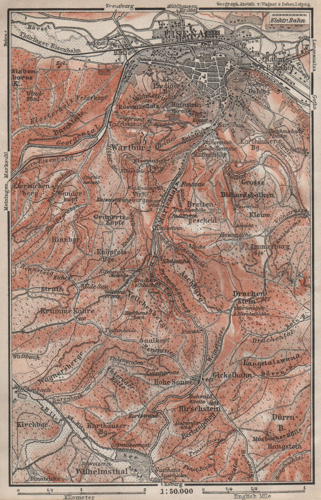 Associate Product EISENACH & environs/umgebung. Wartburg. Thuringia karte. BAEDEKER 1910 old map