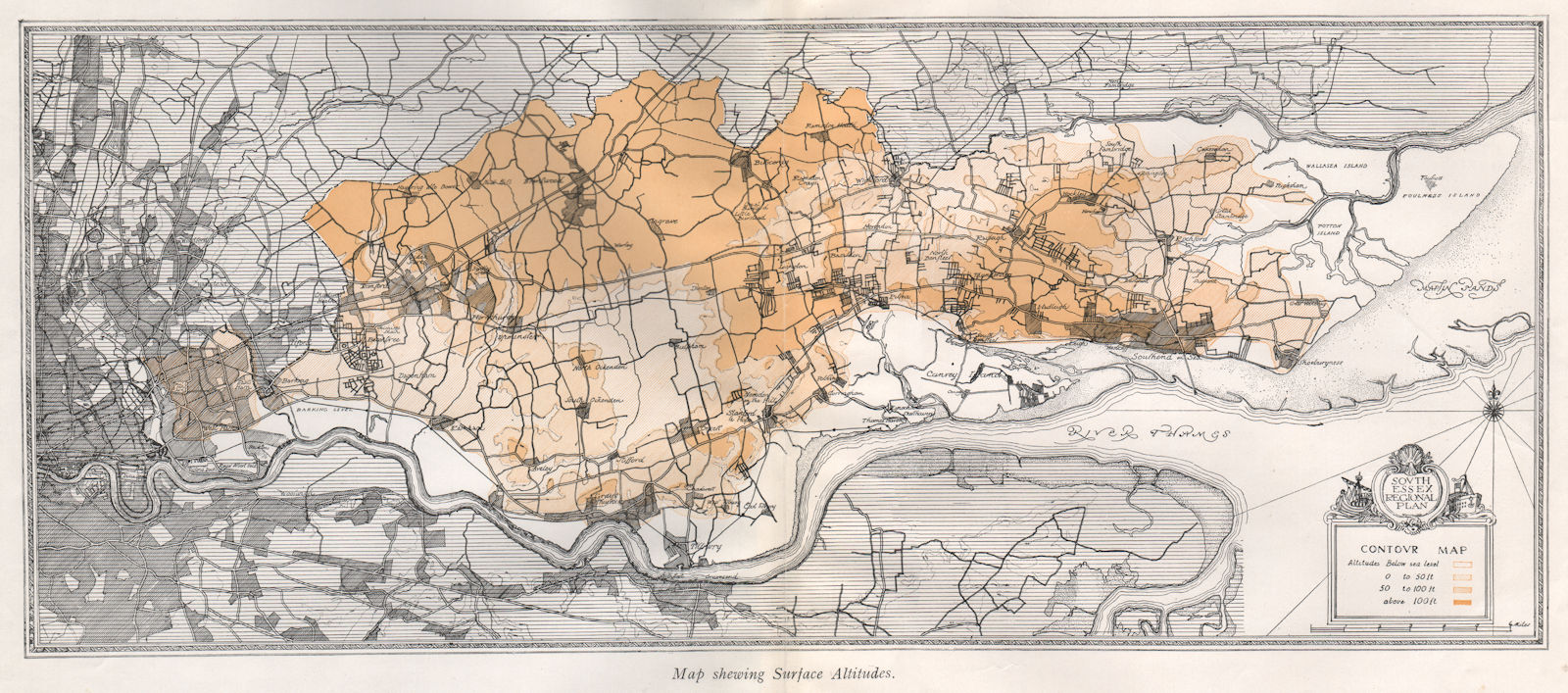 SOUTH ESSEX Surface altitude. Relief. Floodplain. Thames estuary 1931 old map