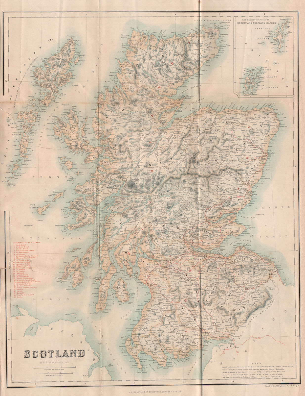 SCOTLAND showing railway lines and companies. SWANSTON 1868 old antique map