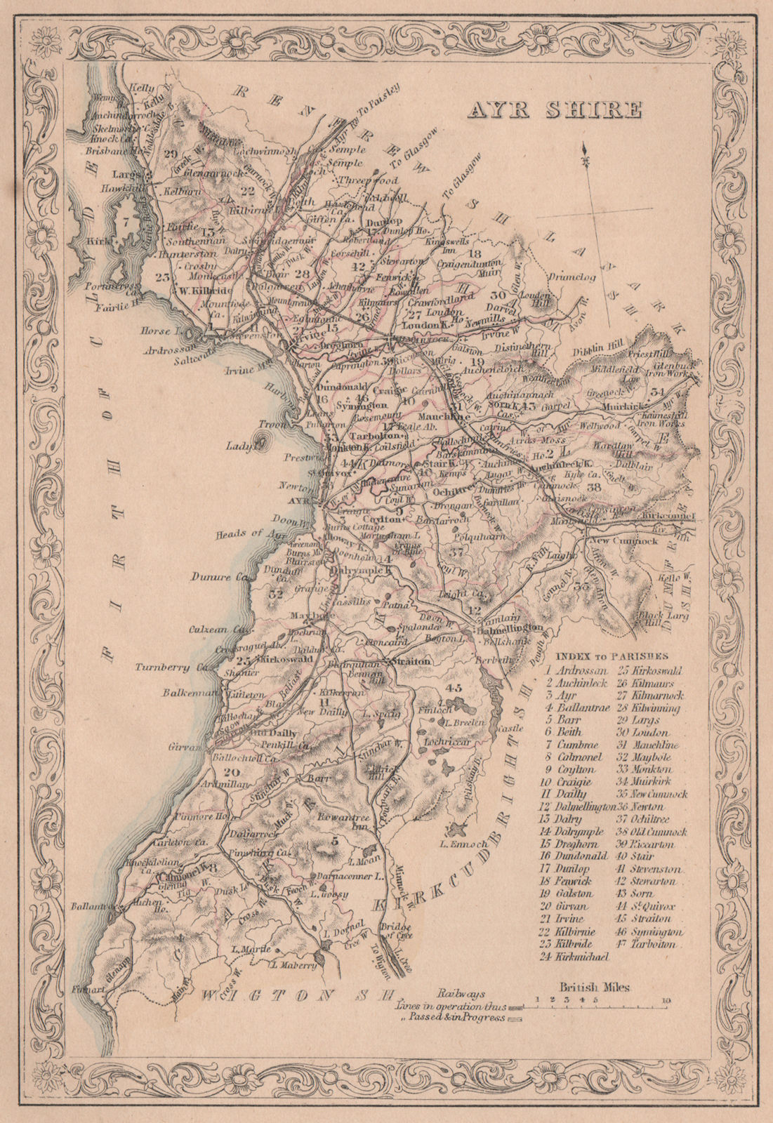 Decorative antique county map of Ayrshire, Scotland. FULLARTON 1868 old