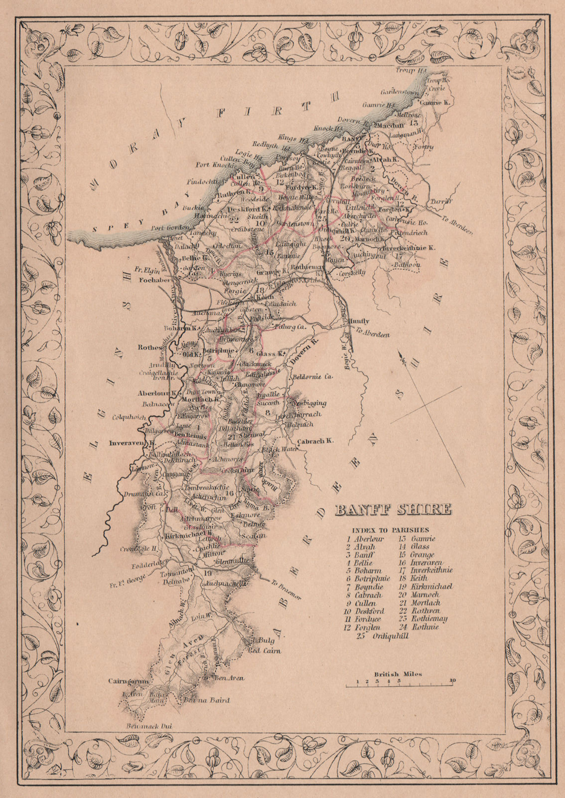 Decorative antique county map of Banffshire, Scotland. FULLARTON 1868 old