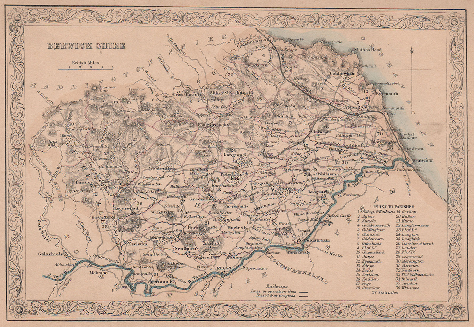 Decorative antique county map of Berwickshire, Scotland. FULLARTON 1868