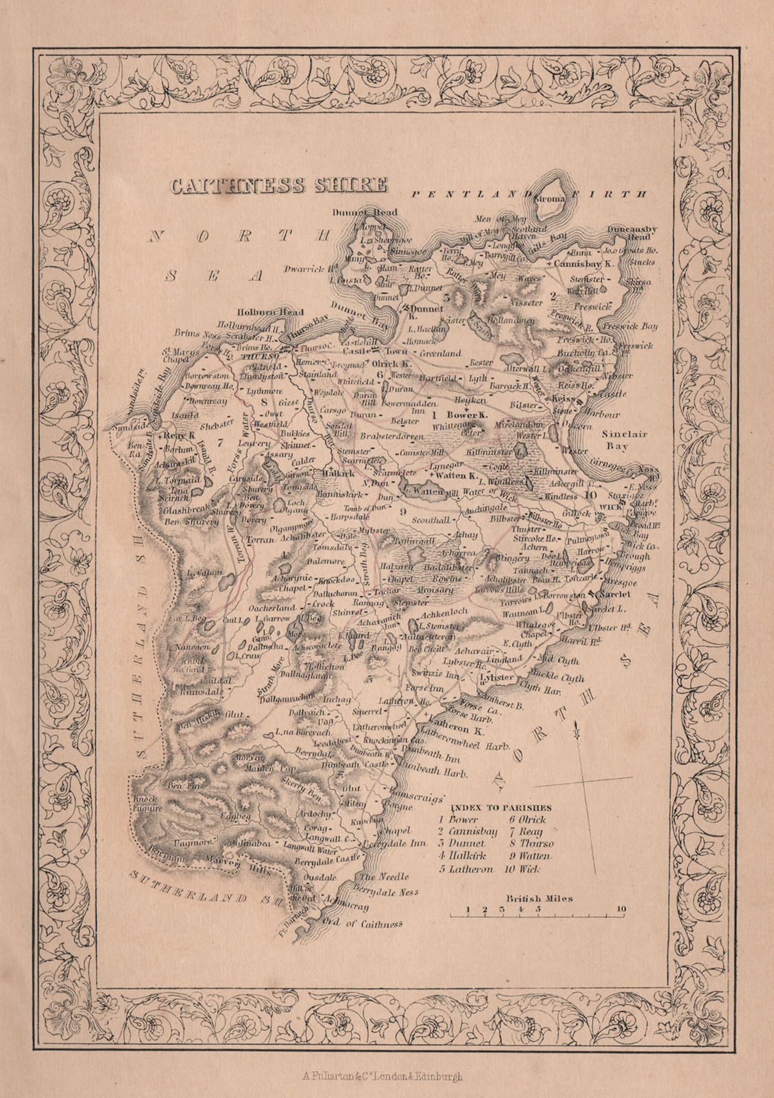 Decorative antique county map of Caithness-shire, Scotland. FULLARTON 1868