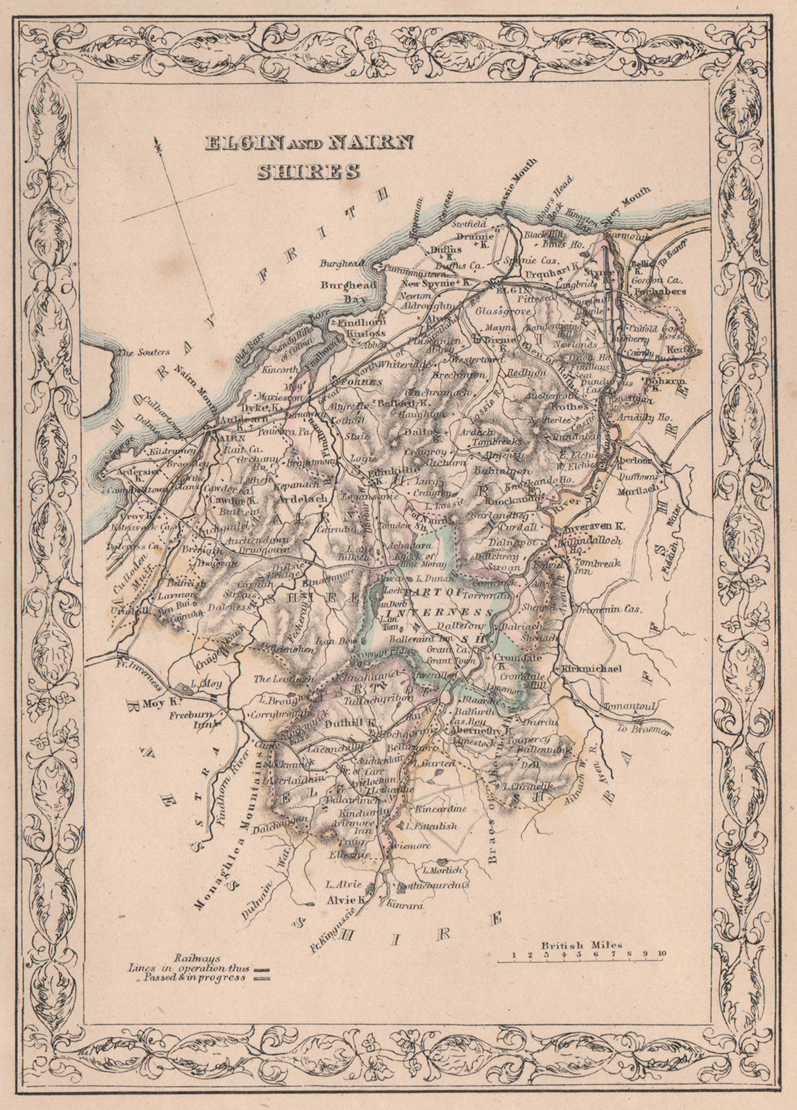 Associate Product Decorative antique county map of Elginshire & Nairnshire. FULLARTON 1868