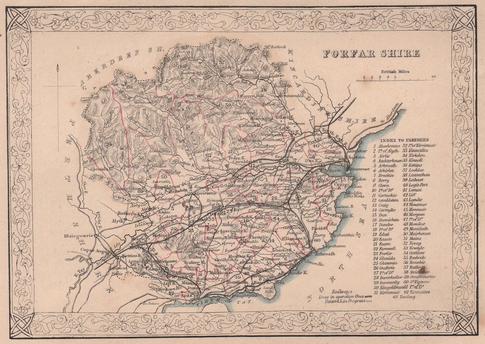 Decorative antique county map of Forfarshire, Scotland. FULLARTON 1868 old