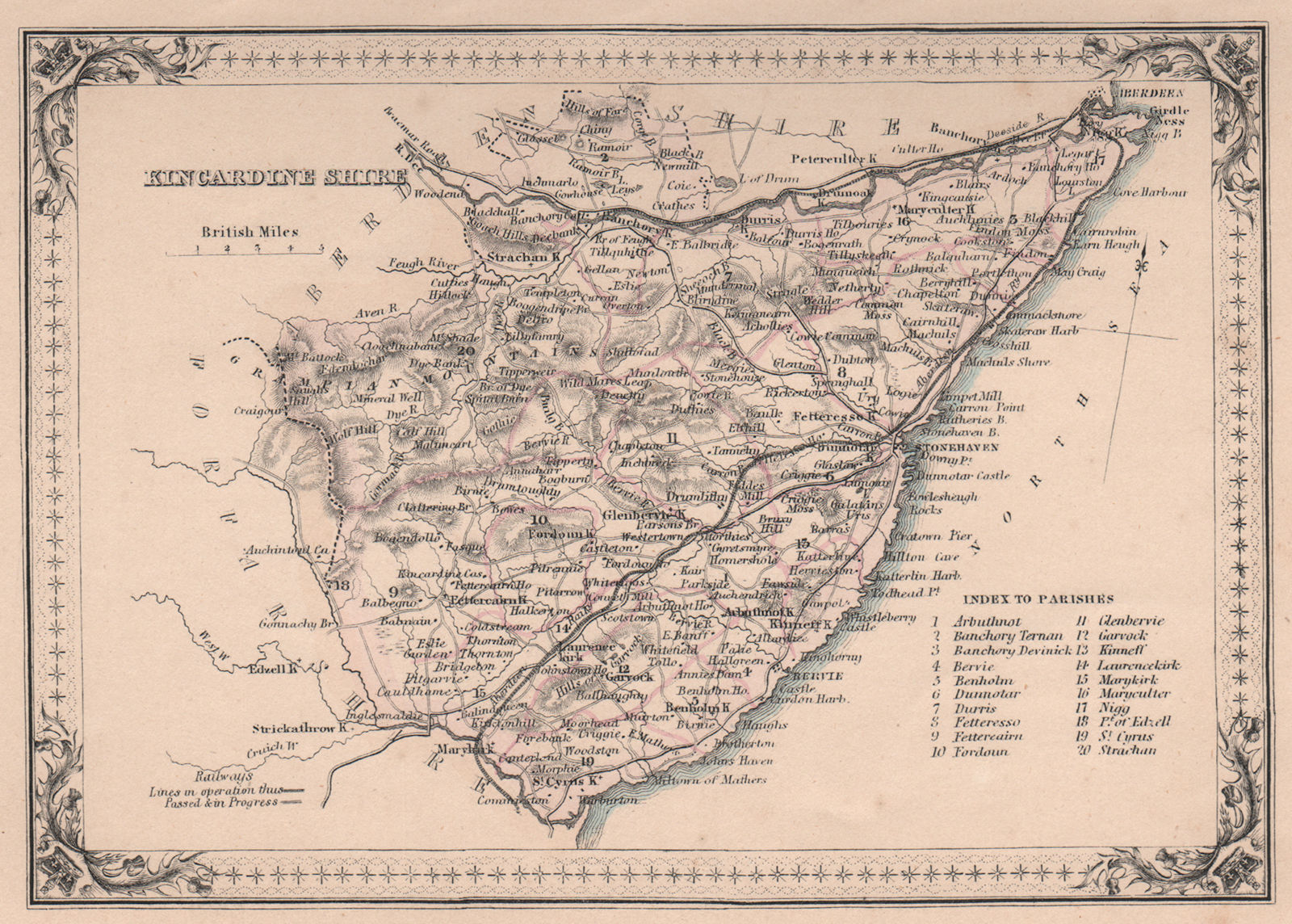 Decorative antique county map of Kincardineshire, Scotland. FULLARTON 1868