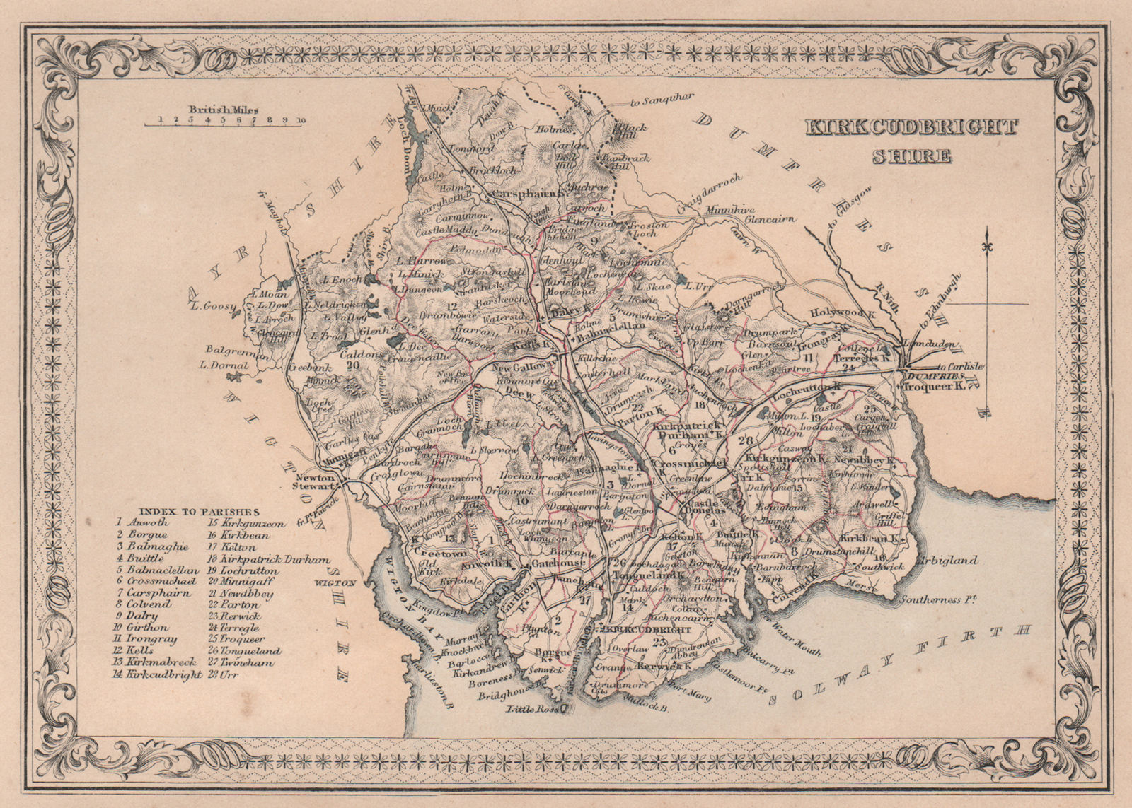 Decorative antique county map of Kirkcudbrightshire. FULLARTON 1868 old