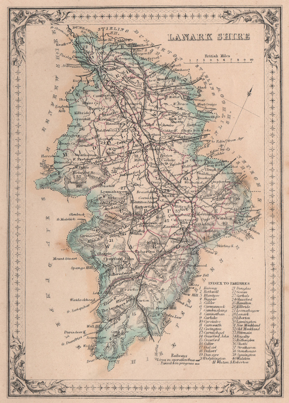 Decorative antique county map of Lanarkshire, Scotland. FULLARTON 1868 old