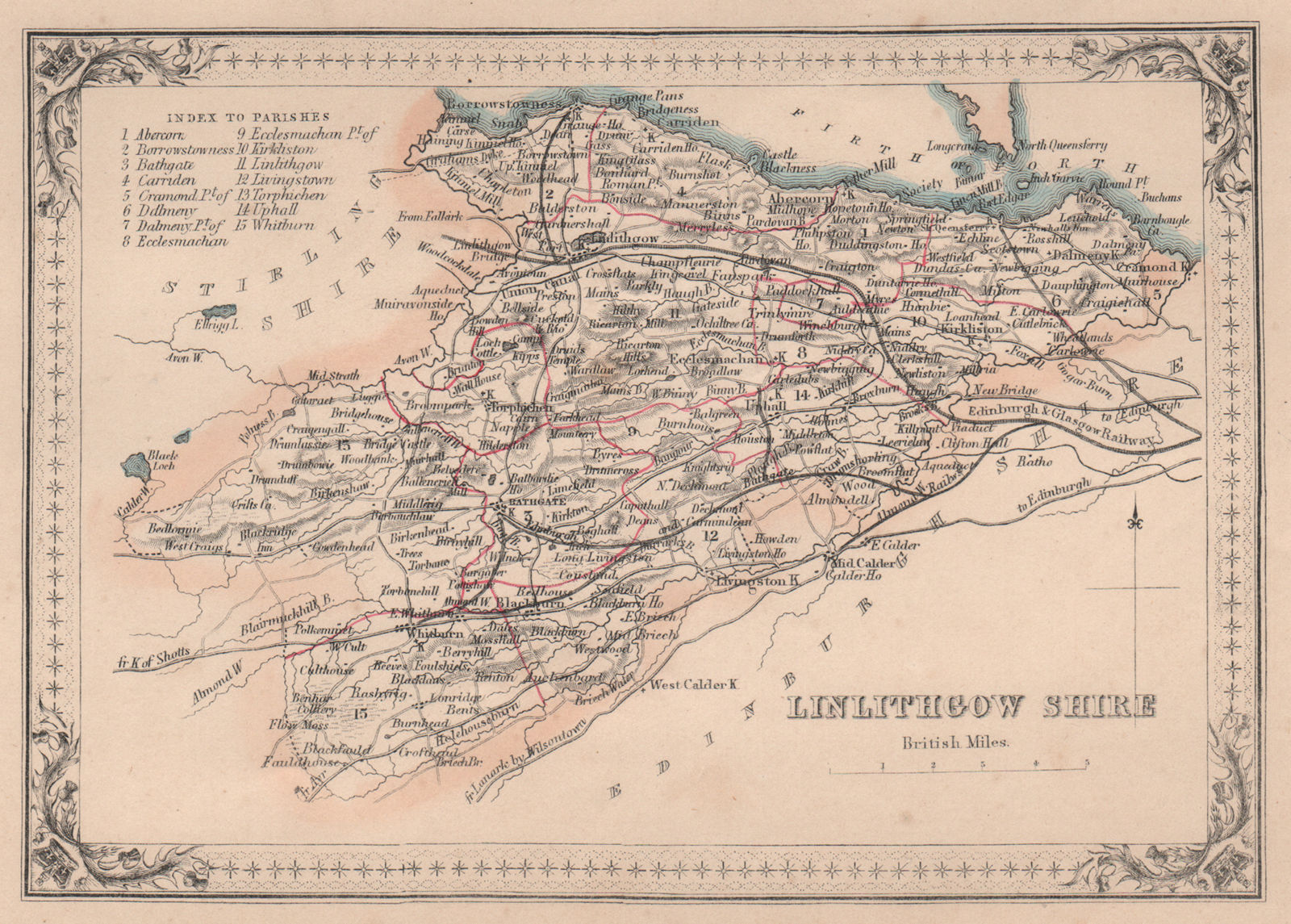 Associate Product Decorative antique county map of Linlithgowshire, Scotland. FULLARTON 1868