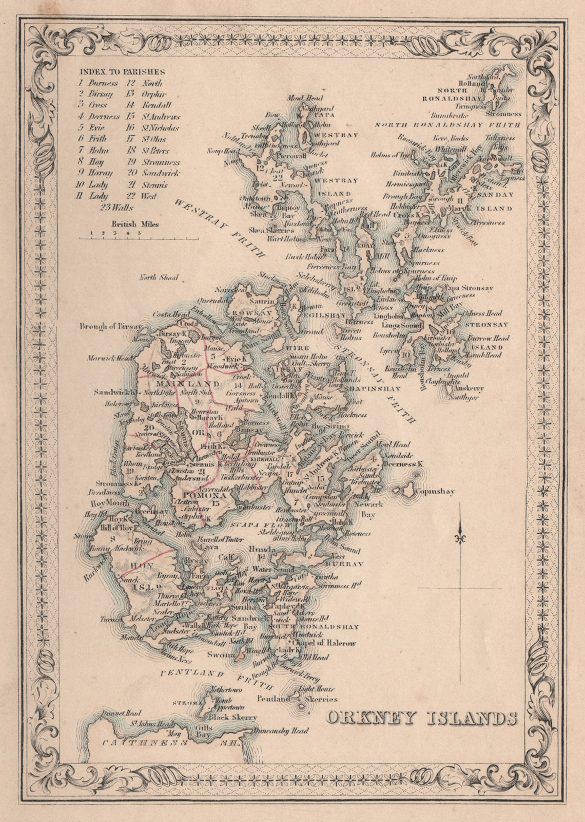 Decorative antique map of the Orkney Islands, Scotland. FULLARTON 1868 old