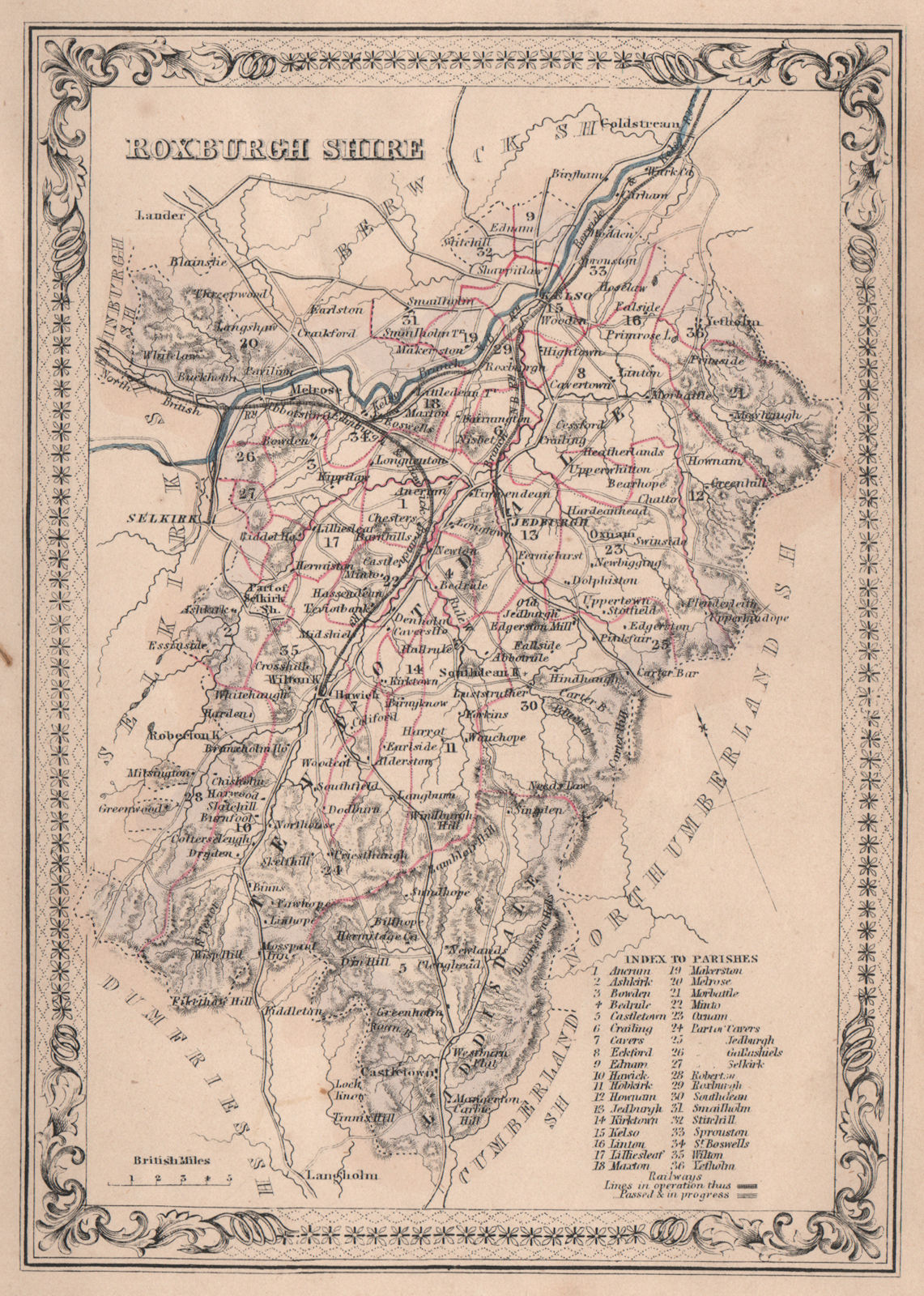 Decorative antique county map of Roxburghshire, Scotland. FULLARTON 1868