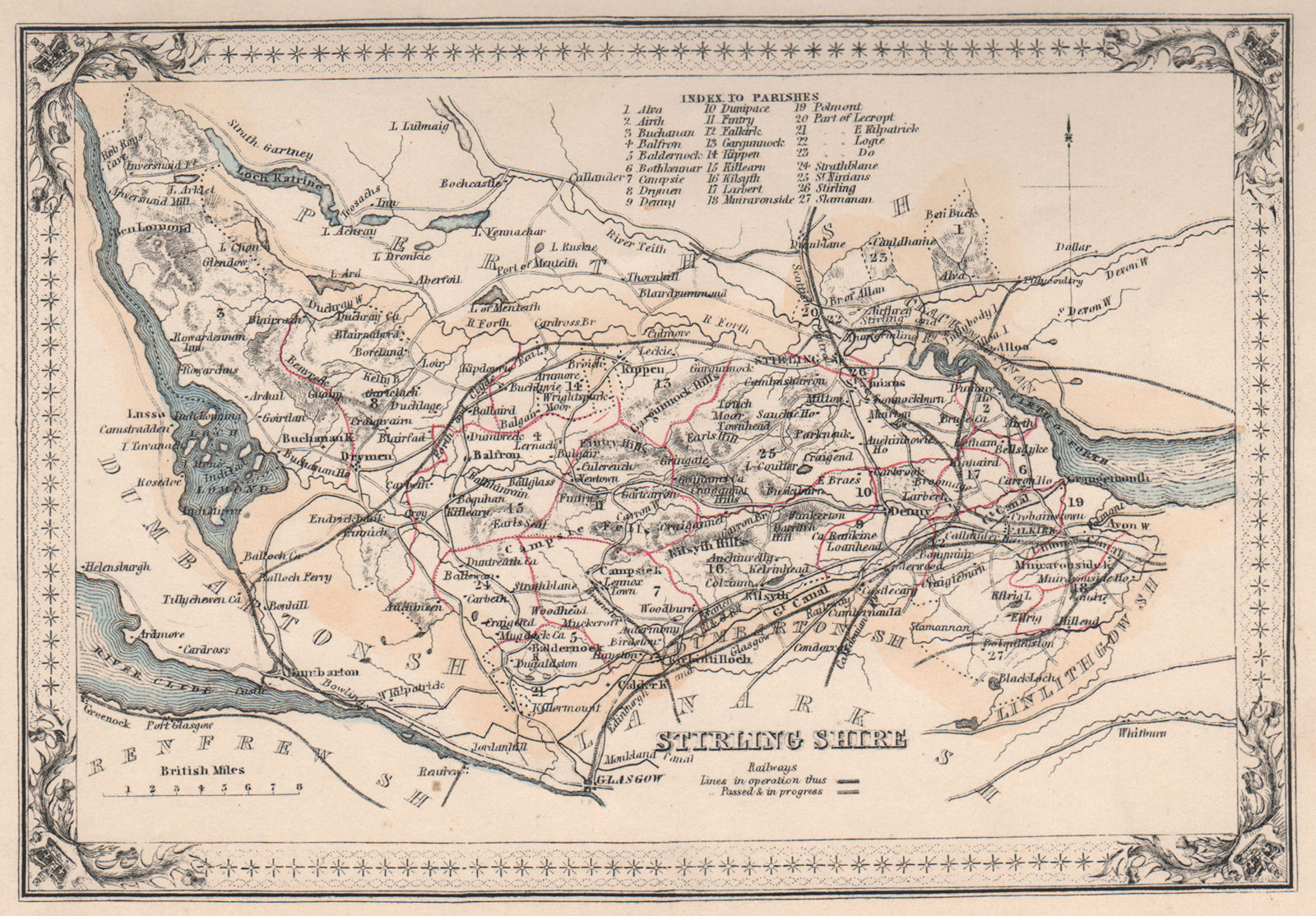 Decorative antique county map of Stirlingshire, Scotland. FULLARTON 1868