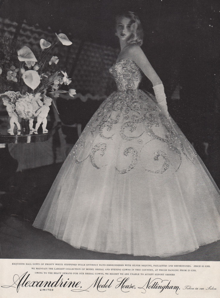 Alexandrine ball gown, Model House Nottingham.Fashion advert. BRITISH VOGUE 1955