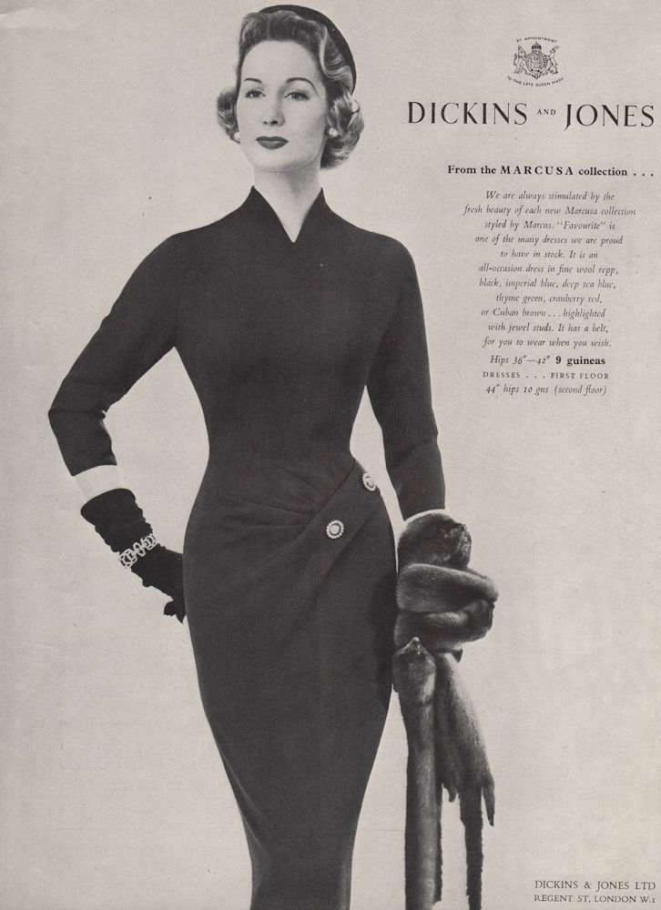 Dickins and Jones. Marcusa colletion. “Favourite” dress. Fashion advert 1955