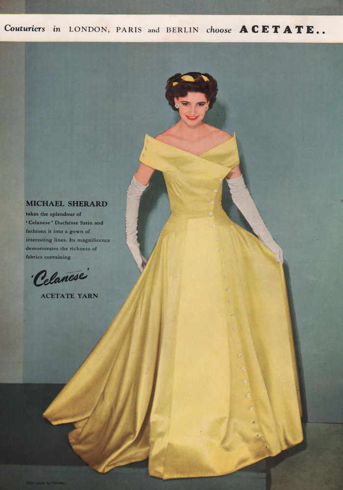 Associate Product Michael Sherard Celanese Duchess Satin gown. Fashion advert. BRITISH VOGUE 1955