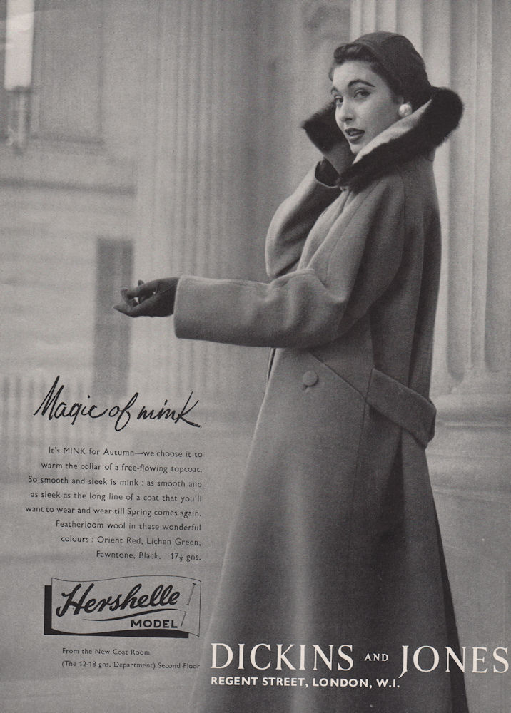 Hershelle Model. Dickins and Jones. Magic of mink coat. Fashion advert 1955