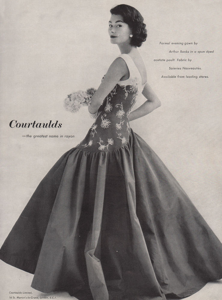 Courtaulds - the greatest name in rayon. Fashion advert. BRITISH VOGUE 1955