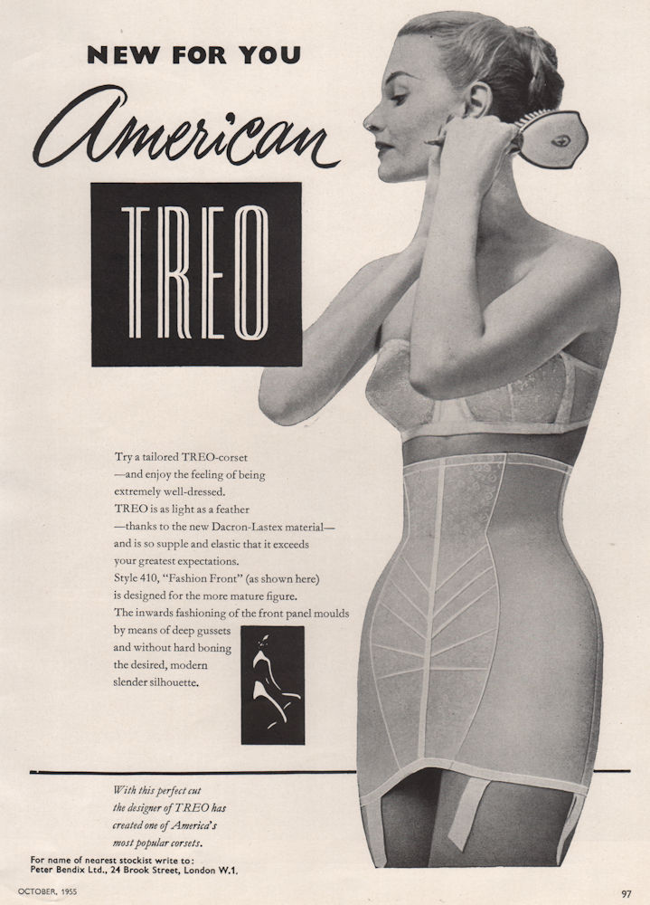 Associate Product New for you - American Treo corset. Fashion advert. BRITISH VOGUE 1955 print