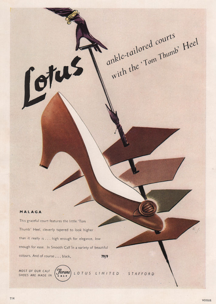Associate Product Lotus ankle-tailored courts. 'Tom Thumb' Heel. Malaga. Fashion advert 1955