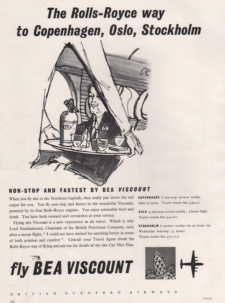 Associate Product Fly BEA Viscount…to Copenhagen, Oslo…. British European Airways. Advert 1955