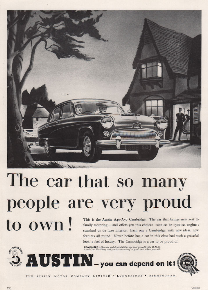 Austin A40-A50 Cambridge "you can depend on it!". Car advert. BRITISH VOGUE 1955