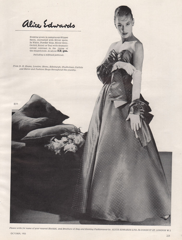 Alice Edwards evening gown. Fashion advert. BRITISH VOGUE 1955 old print