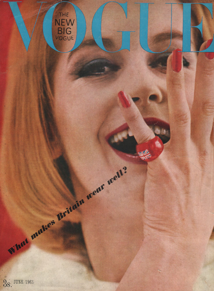 British Vogue cover June 1963. What makes Britain wear well? Fashion advert 1963