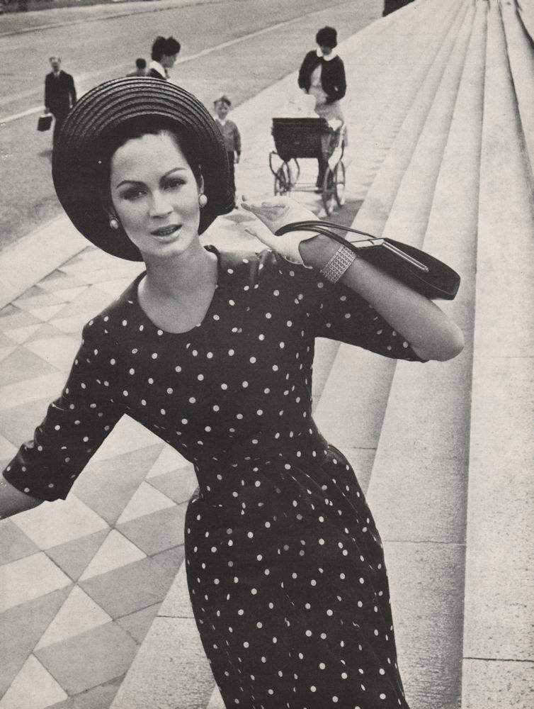 Women's fashion. Polka dot dress. Pram. London fashion. BRITISH VOGUE 1963