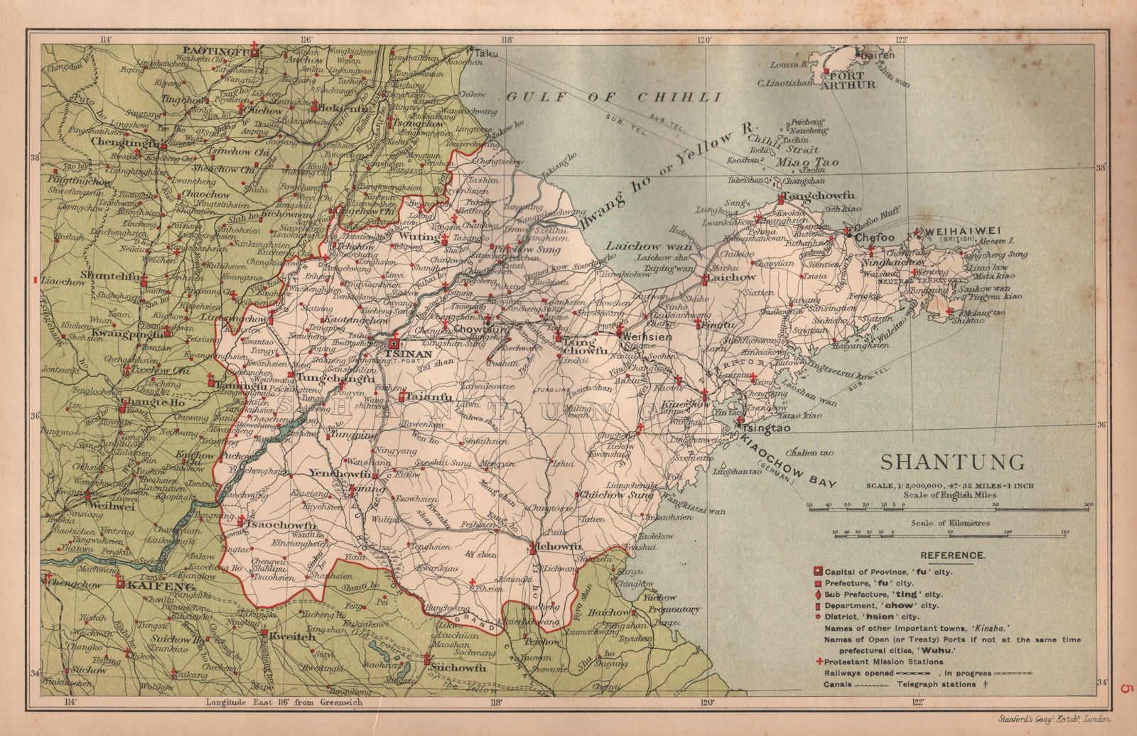 Shantung (Shandong) China province map. Tsinan (Jinan). STANFORD 1908 old