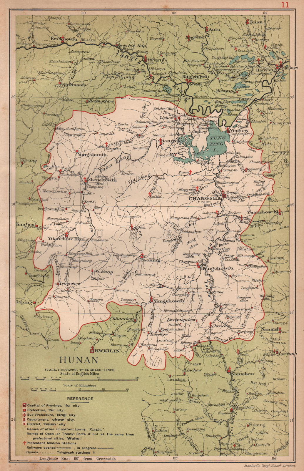 Associate Product Hunan (Hunan) China province map. Changsha. STANFORD 1908 old antique