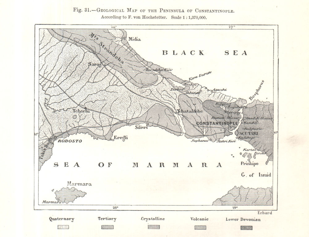 Associate Product Geology of the Constantinople (Istanbul) peninsula. Hochstetter. Sketch map 1885