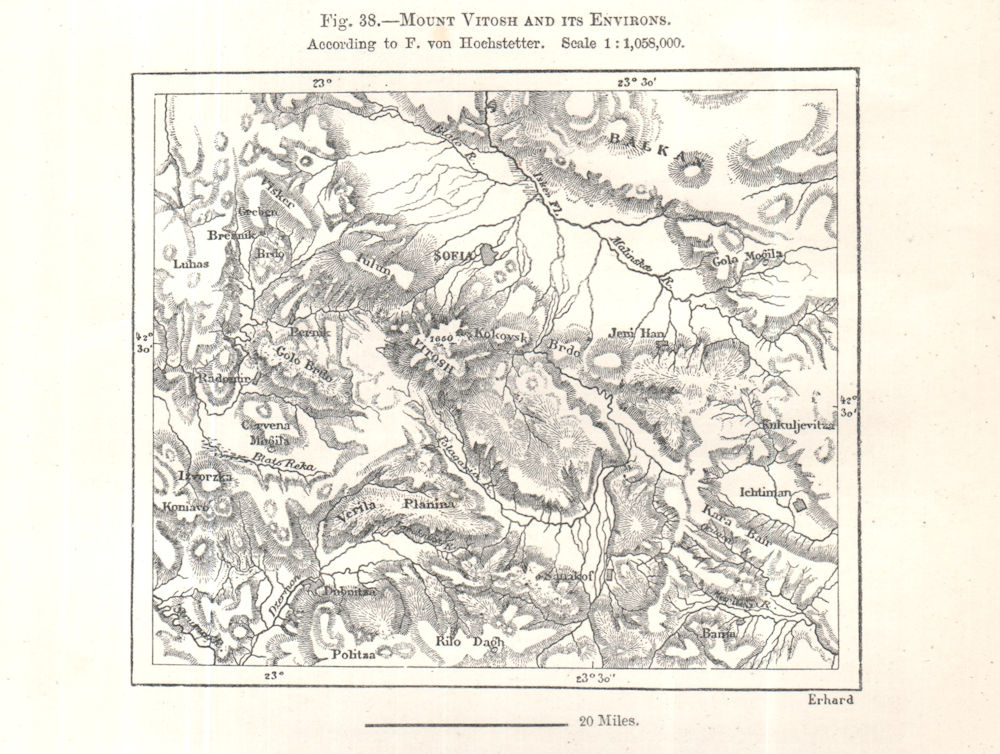 Mount Vitosha and its environs. Sofia. Bulgaria. Sketch map 1885 old
