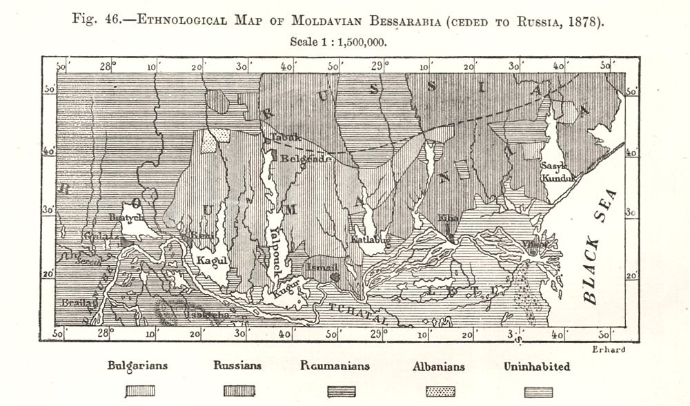 Moldavian Bessarabia ethnological map. Russia Ukraine Moldova. Sketch map 1885