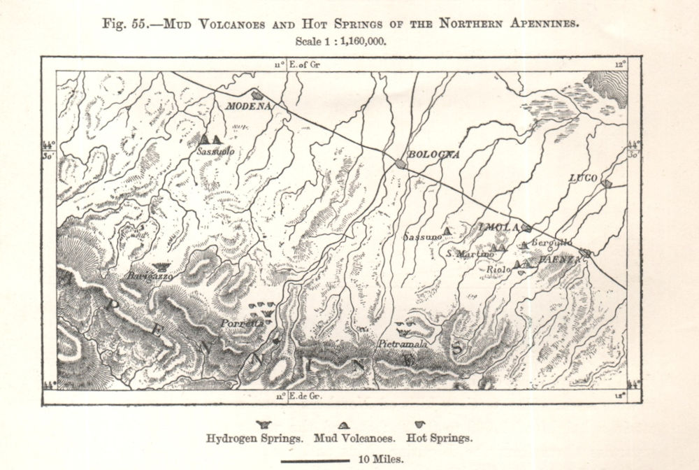 Mud Volcanoes & Hot Springs of the Northern Apennines. Italy. Sketch map 1885
