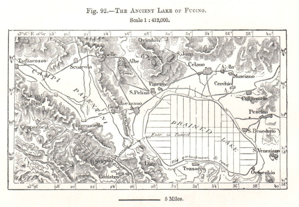 The Ancient Lake of Fucino / Fucine. Italy. Sketch map 1885 old antique