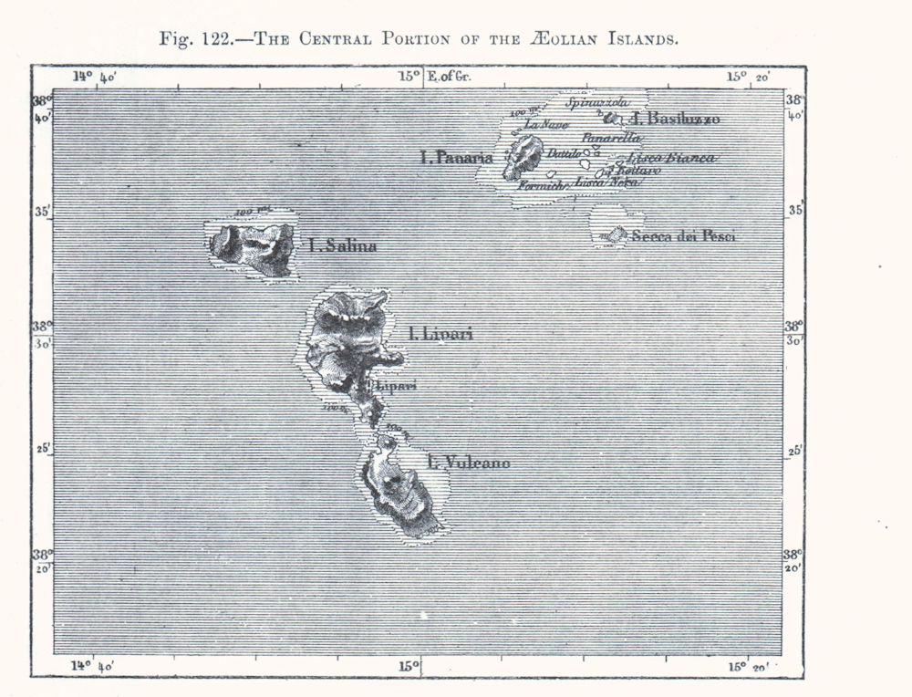The Aeolian Islands. Salina Lipari Vulcano Panaria. Italy. Sketch map 1885