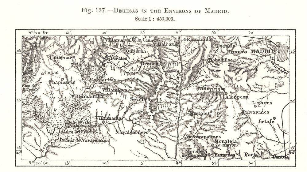 Associate Product Dehesas in the Environs of Madrid. Spain. Sketch map 1885 old antique