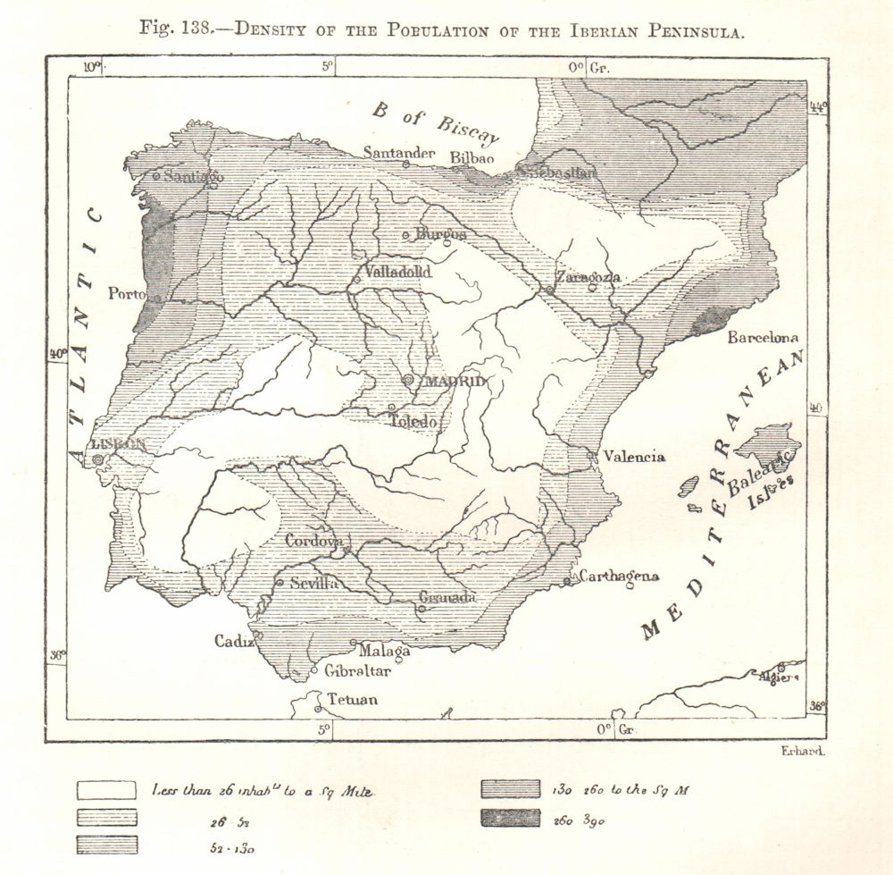 Population density of the Iberian Peninsula. Spain Portugal. Sketch map 1885