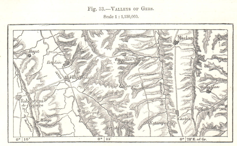 Associate Product Valleys of Gers. Mielan Rabastens. Sketch map 1885 old antique plan chart